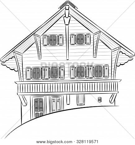 Black-white Vector Illustration Of A Traditional Swiss Village House. Switzerland. Lungern.