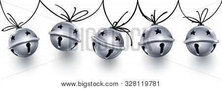 Christmas Holiday Decoration Garland. Silver Jingle Bells On The Rope. Festive Seamless Pattern With