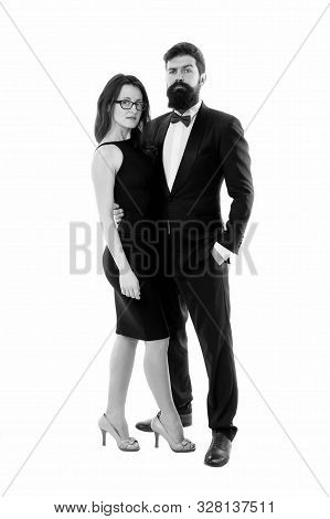 Woman Elegant Lady And Bearded Gentleman Black Tuxedo With Bow Tie. Formal Event. Dress Code Rules. 