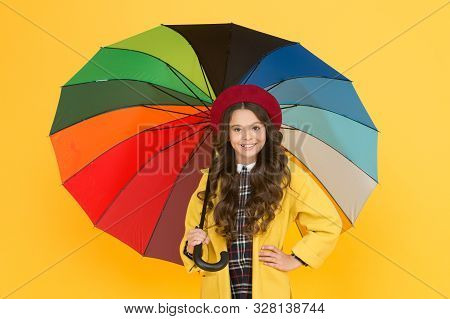 Waiting For It To Rain. Small Child Hold Open Umbrella. Rain Accessory. Little Girl In Raincoat With