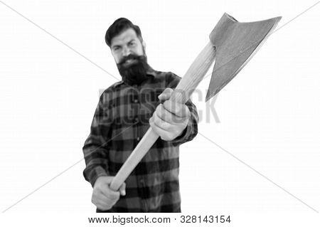 Chop It. Axe Selective Focus. Bearded Man Hold Large Axe Handle Isolated On White. Brutal Lumberjack