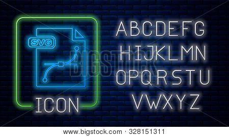 Glowing Neon Svg File Document. Download Svg Button Icon Isolated On Brick Wall Background. Svg File