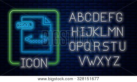 Glowing Neon Xml File Document. Download Xml Button Icon Isolated On Brick Wall Background. Xml File