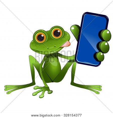Stock Illustration Of A Green Frog Sitting With A Smartphone On A White Background