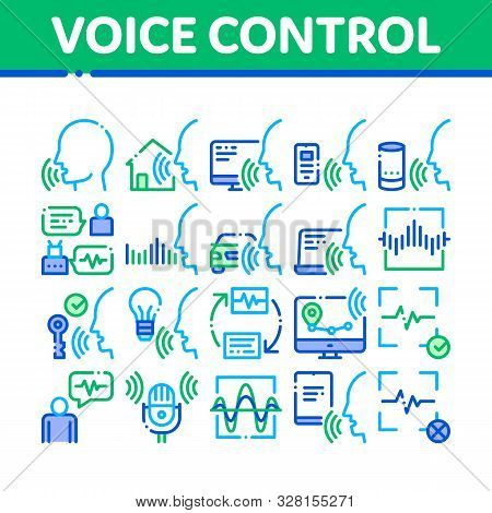Voice Control Collection Elements Icons Set Vector Thin Line. Voice Controlling Smart House And Car,
