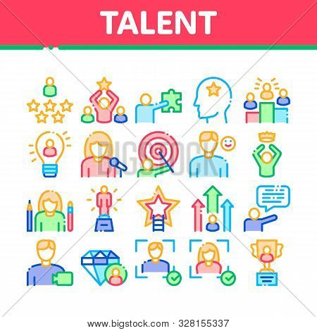 Human Talent Collection Elements Icons Set Vector Thin Line. Idea And Target, Diamond And Star, Sign