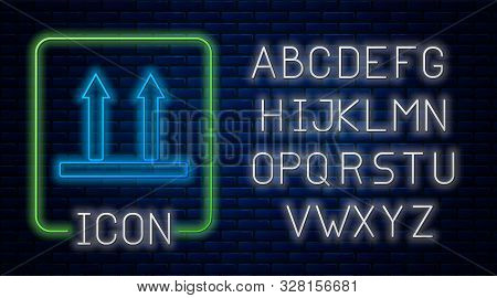 Glowing Neon This Side Up Icon Isolated On Brick Wall Background. Two Arrows Indicating Top Side Of 