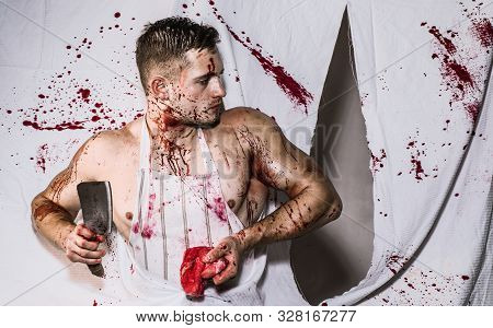 Piece Of Meat. Bloody Mess. Meatman In Butcher Shop. Cannibalism
