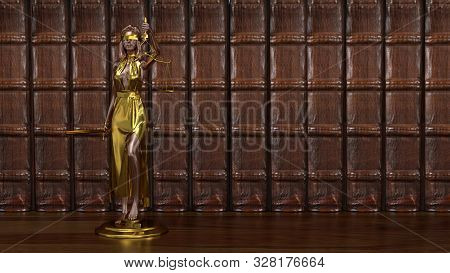 Statue Of Justice, Themis, Femida With Scales And A Sword In His Hands.3d Rendering.