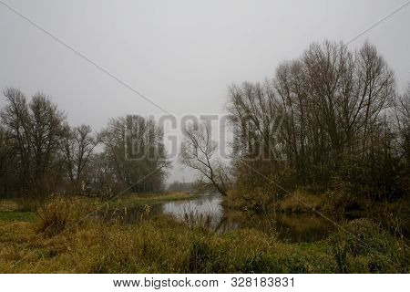Beautiful Polish Autumn Cold Gray Cloudy November Landscape Of Podlasie With The River Bug