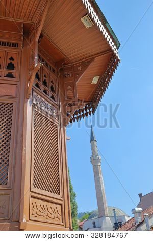 Details Of The Wooden Fountain Sebilj, Located In The Main Square Of  Bascarsija District, With A Mi
