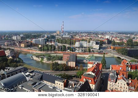 Wrocław City In Poland. Aerial View With River Oder (odra).