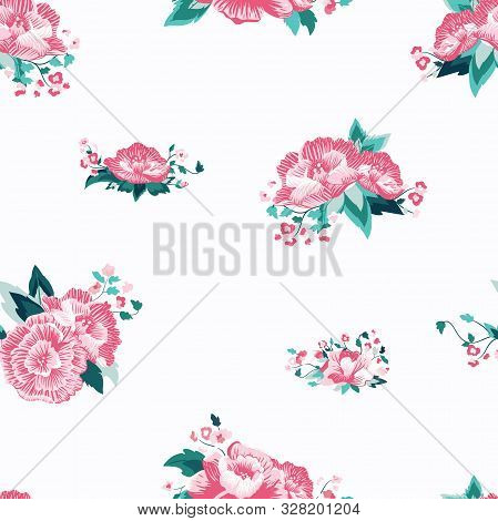 Vector Delicate Folk Roses On White Seamless Pattern Background.