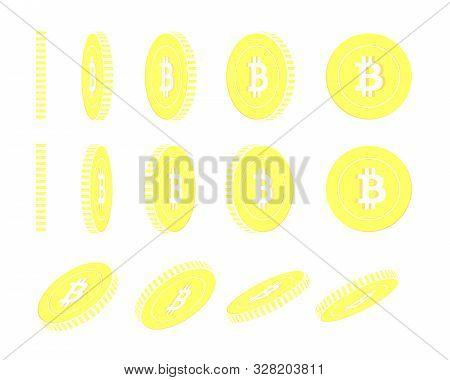 Bitcoin, Internet Currency Rotating Coins Set, Animation Ready. Yellow Btc Gold Coins Rotation. Cryp
