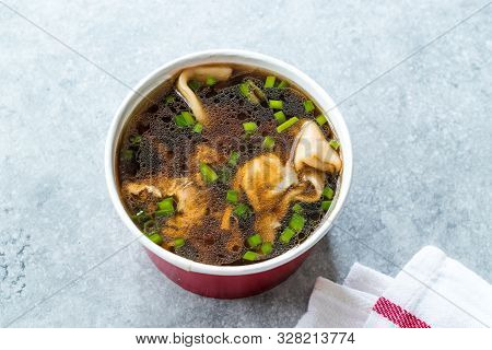 Take Away Asian Food Wonton Soup With Bok Choy And Chives In Plastic Bowl Package Or Container Box.
