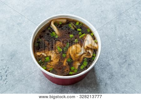 Take Away Asian Food Wonton Soup With Bok Choy And Chives In Plastic Bowl Package Or Container Box.