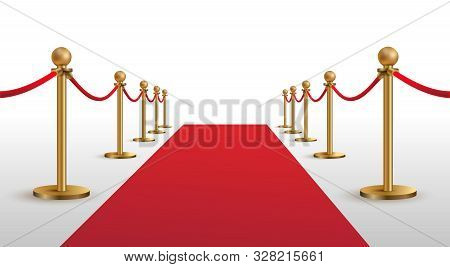 Red Carpet And Golden Barriers Realistic Vector. Vip Event, Luxury Celebration. Celebrity Party Entr