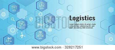 Logistics Icon Set And Web Header Banner W Buildings, Trucking, People And Shipping Box