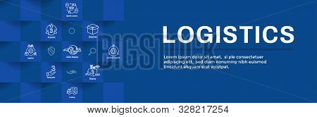 Logistics Icon Set And Web Header Banner W Buildings, Trucking, People And Shipping Box