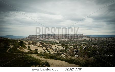 Sunrise Panoramic View To Goreme City And Pigeon Valley Cappadocia, Turkey