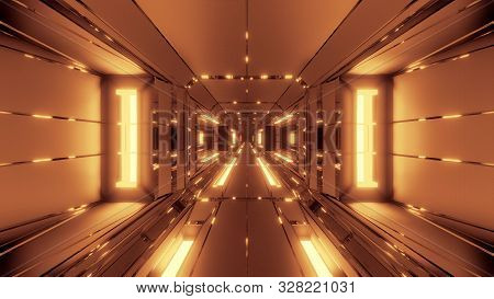 Futuristic Space Hangar Tunnel Corridor With Hot Metal Steal 3d Rendering Wallpaper Background