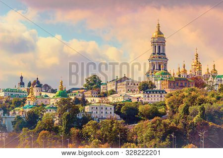 Kiev, Ukraine. Cupolas Of Pechersk Lavra Monastery And River Dniepr Panoramic City