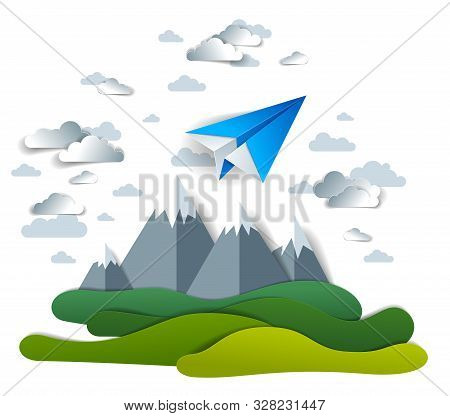 Origami Paper Plane Toy Flying In The Sky Over Mountain Peaks, Perfect Vector Illustration Of Scenic