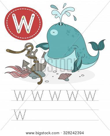 Learning To Write A Letter - W. A Practical Sheet From A Set Of Exercises Game For Kids. Funny Water