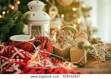 Holiday Christmas Wallpaper With Lantern. Christmas Card Background With Festive Decoration. Wood Pl