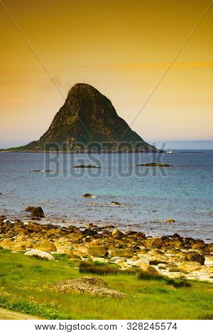 Seascape, Sea Coast With Sandy Beach And Island Bleiksoya In The Distance, Resort Bleik Andoya Norwa
