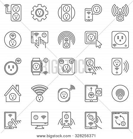 Us Power Smart Socket Outline Icons Set. Vector American Smart Sockets Concept Symbols In Thin Line 