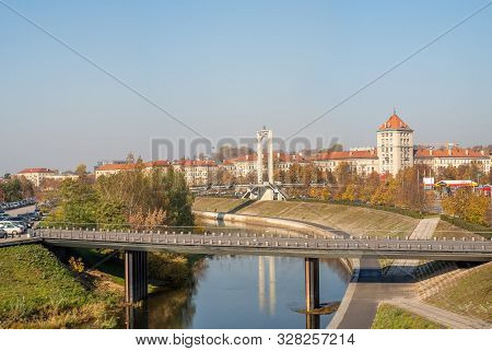 Simonas Daukantas Pedestrian Bridge To Nemunas Island In Kaunas On Sunny Autumn Day. Lithuania.
