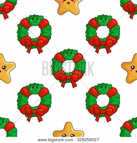 Christmas Seamless Pattern With Floral Firry Wreath, Bow And Kawaii Stars, Endless Texture For Texti