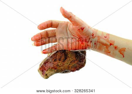 Close Up Hand Is Holding Stone Bloody At White Background