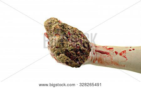 Close Up Hand Is Holding Stone Bloody At White Background