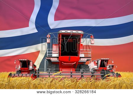 4 Bright Red Combine Harvesters On Wheat Field With Flag Background, Norway Agriculture Concept - In