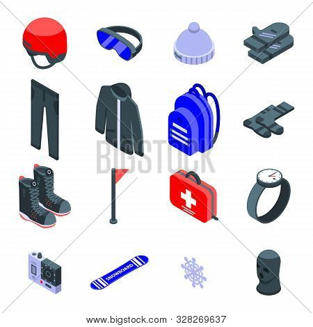 Snowboarding Equipment Icons Set. Isometric Set Of Snowboarding Equipment Vector Icons For Web Desig