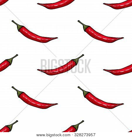 Seamless Pattern, Red Chili Peppers Isolated On White Background