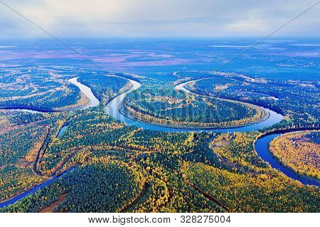 Colorful Autumn Landscape. Aerial Photography Of Landscape In Western Siberia. Agan River, Tributary