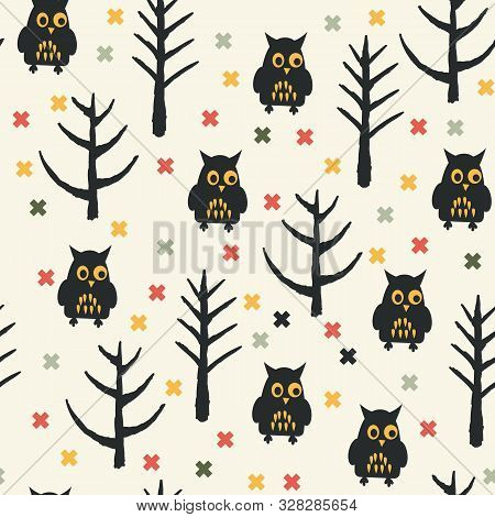 Halloween Forest With Black Owl Seamless Pattern. Childish Background. Holiday Design.