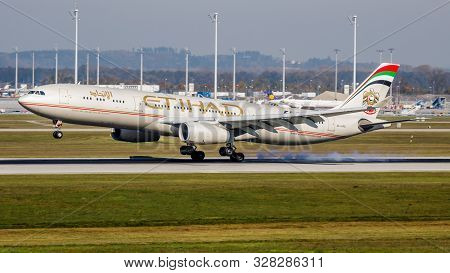 Munich / Germany - October 18, 2017: Etihad Airways Airbus A330-300 A6-afe Passenger Plane Arrival A