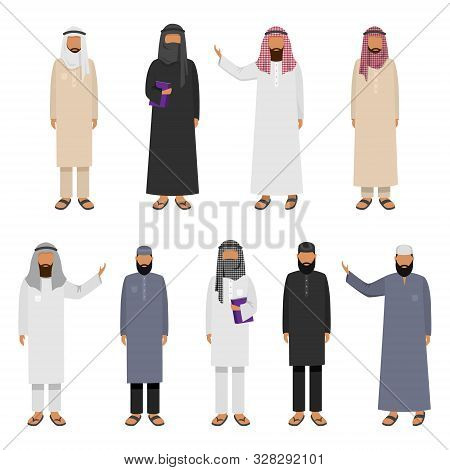 A Set Of Arabic Man Wearing Traditional Clothing. Vector Illustration In Flat Cartoon Style.