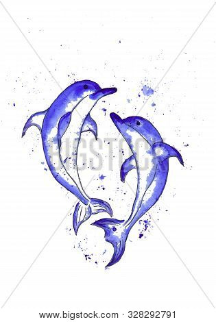 Dolphins Jump In The Waves Brush Ink Sketch Handdrawn Serigraphy Print. Stamp
