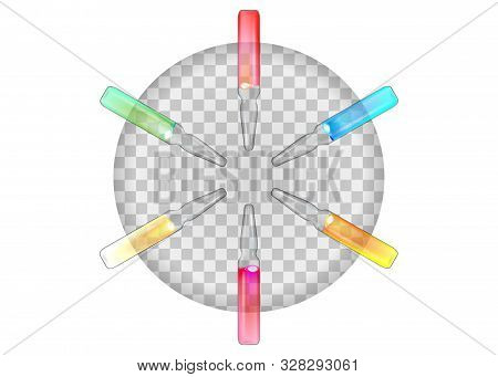 Set Of Transparent Medical Ampoules With Colorful Liquid Drug Solution. Vial Hypodermic Injection. T