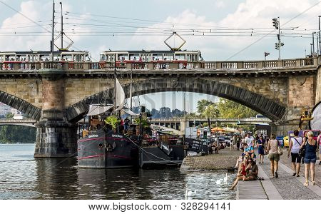 Prague.czech Republic.august 27, 2019.view Of Palacki Bridge Over The Vltava River In Prague.