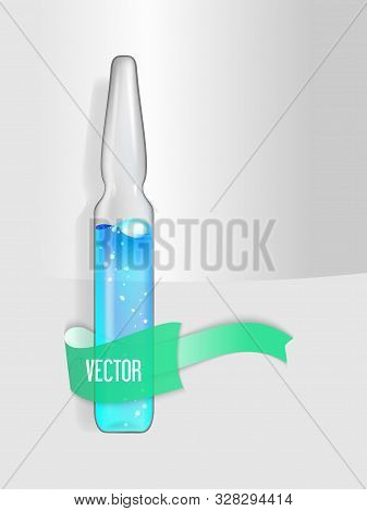 Transparent Medical Ampoule With Neon Blue Liquid Drug Solution.vial Hypodermic Injection.treatment 