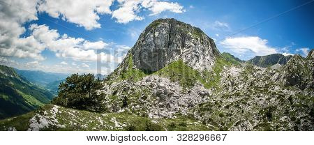 Hikers Walking On Trail. Group Of People Hiking In Mountains With Blooming Meadows And Mountain Peak