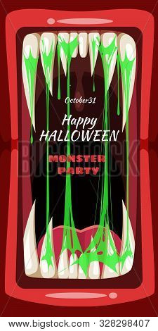 Creepy Halloween Party Banner Scary Monster Character Teeth Jaw And Tongue In Mouth Closeup Spittle.