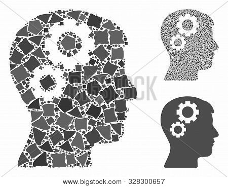 Brain Gears Mosaic Of Trembly Pieces In Various Sizes And Color Tinges, Based On Brain Gears Icon. V