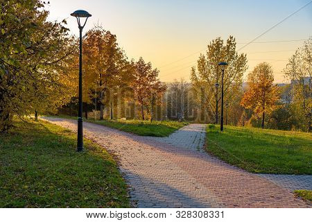 Beautiful Colors Of Autumn In The Park At Sunset